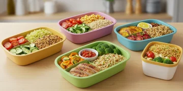 Colorful 5-ingredient meal prep containers on a kitchen counter