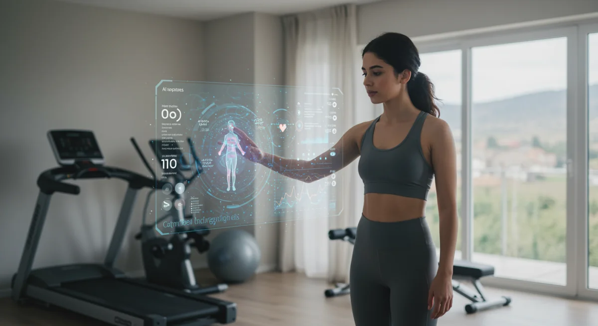 Man interacting with AI-powered holographic health coach displaying personalized workout and nutrition data.