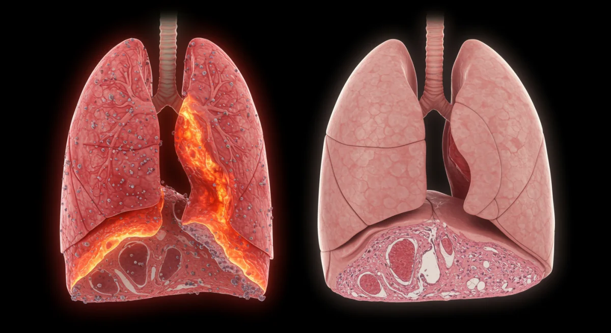 Human lung affected by air pollution contrasted with a healthy lung, illustrating respiratory health challenges.