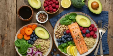 Colorful anti-inflammatory meal with salmon, quinoa, and fresh vegetables for pain relief.