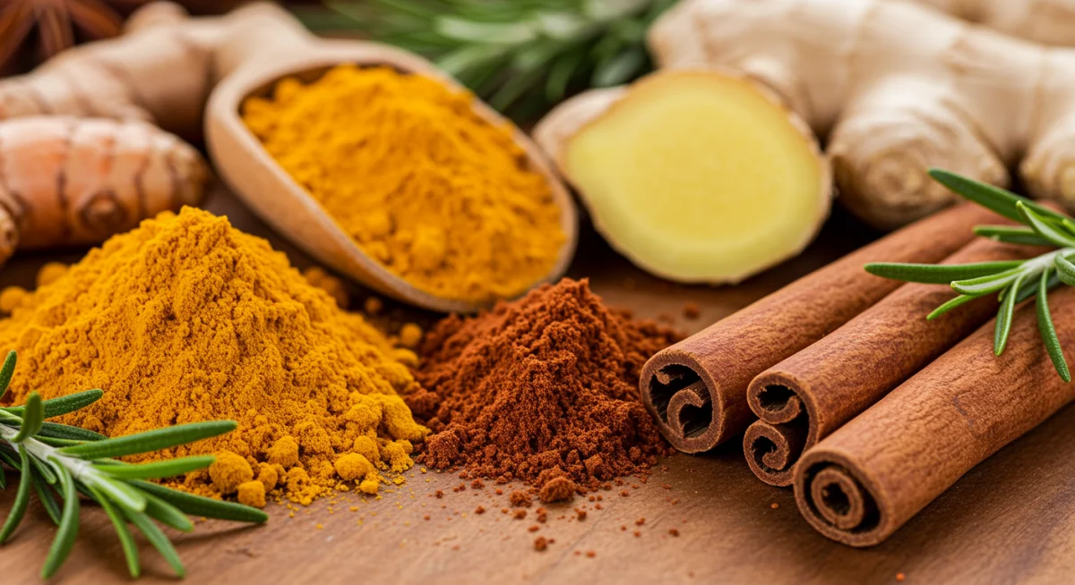 Assortment of anti-inflammatory spices and herbs on a wooden board