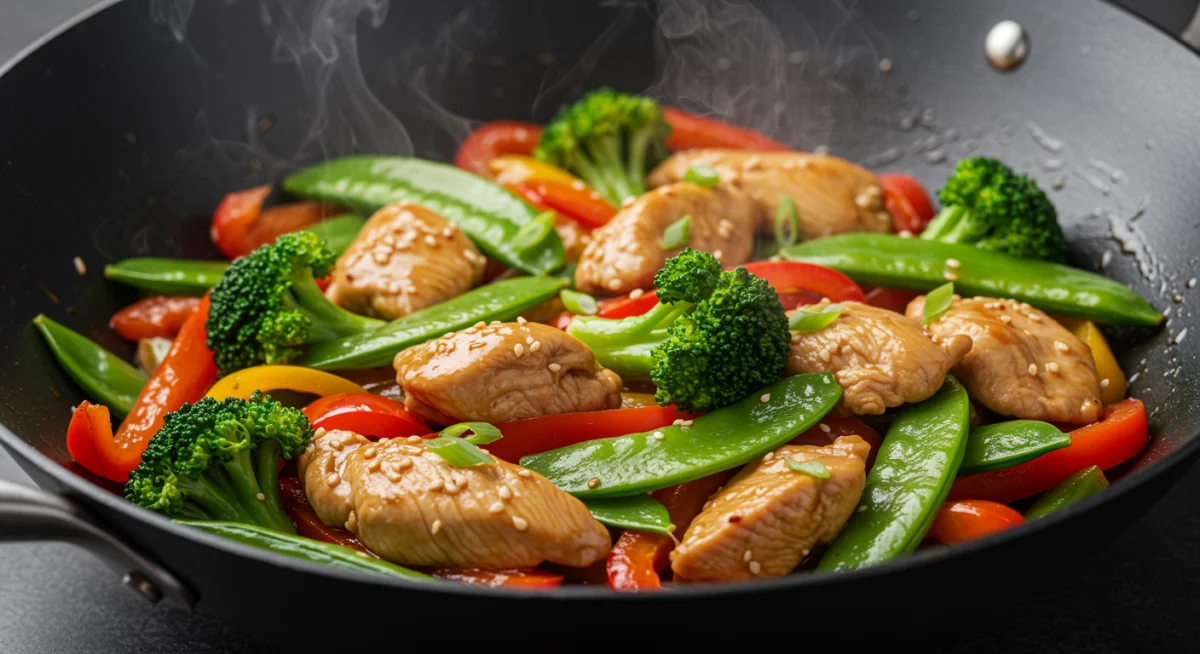 Fresh chicken and vegetable stir-fry in a wok