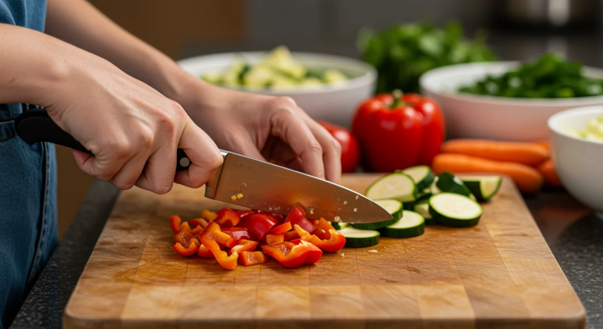 Hands chopping fresh vegetables for meal preparation