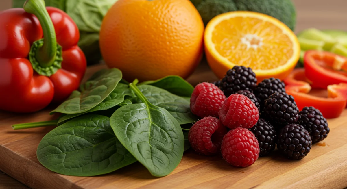 Assortment of colorful fruits and vegetables rich in essential vitamins and minerals.