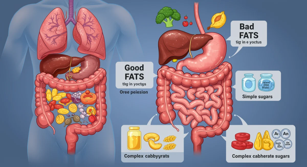 Illustration of digestion process explaining good vs. bad fats and carbs