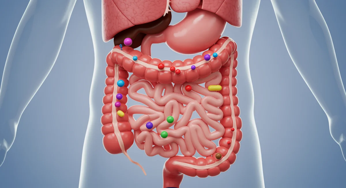 Diagram of human digestive system with probiotic strains highlighted