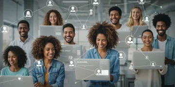 Diverse community engaging digitally, strong social connections