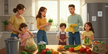 Eco-Conscious Living: 4 Swaps Saving Americans $500 in 2025 Family engaging in eco-conscious kitchen activities, saving money sustainably.