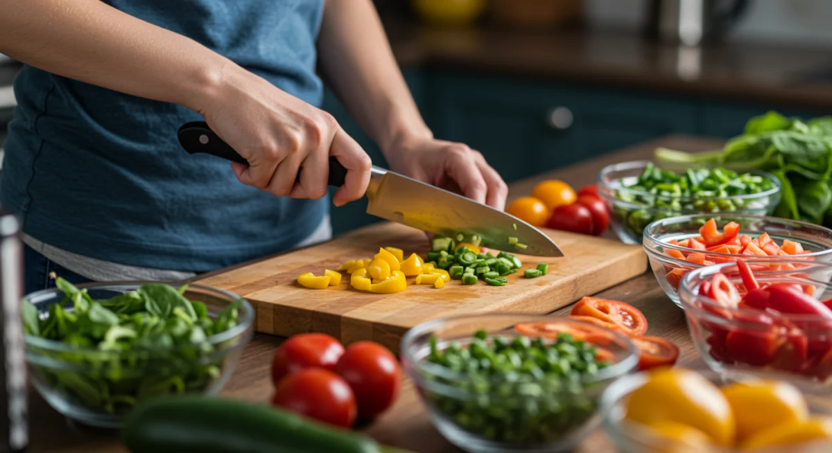 Person actively chopping vegetables for efficient meal preparation