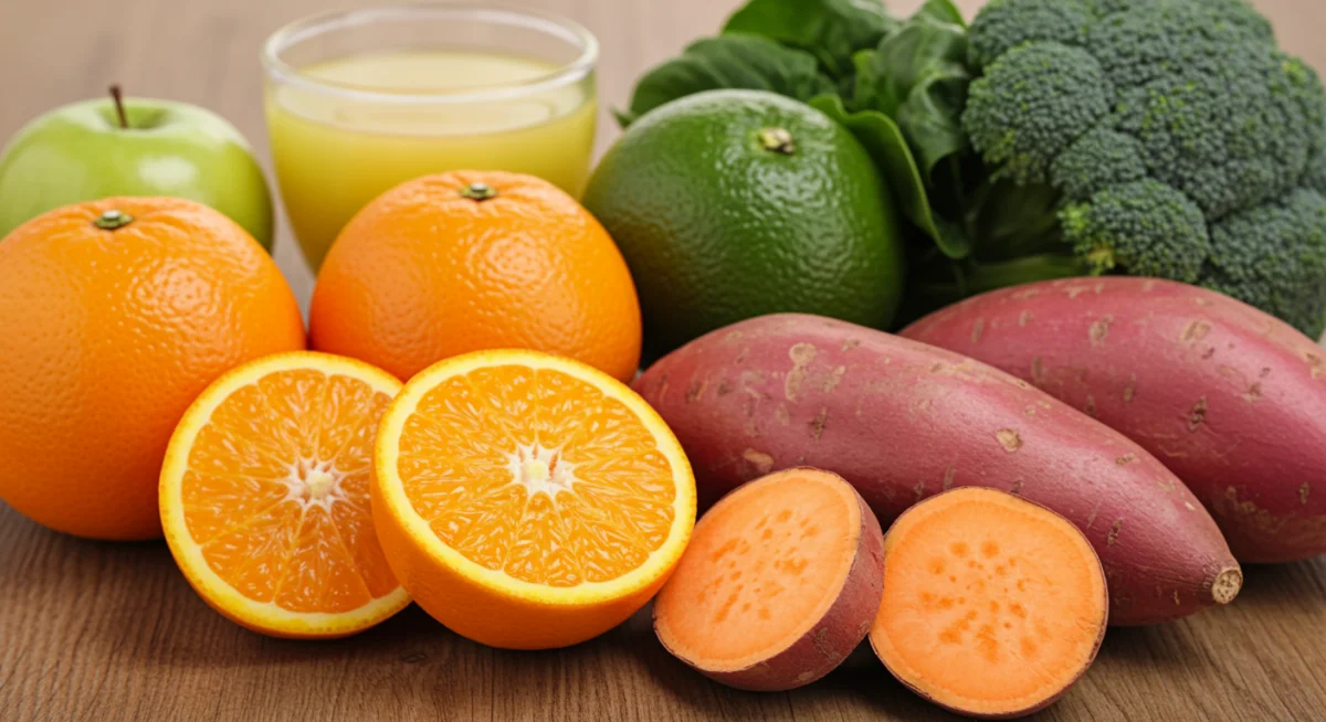 Assortment of electrolyte-rich fruits and vegetables on a table