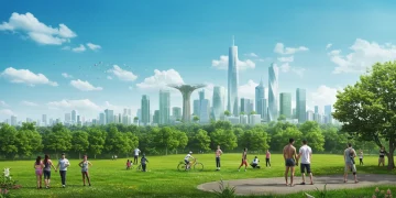 Environmental Factors & Health: 2025 Insights for US Wellness Futuristic cityscape with clean environment and healthy people engaging in outdoor activities, representing optimal environmental health outcomes in 2025.