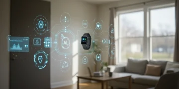 Wellness Tech Trends 2025: Shaping American Health Futuristic digital health ecosystem integrating AI, wearables, and virtual reality for personalized wellness in 2025.