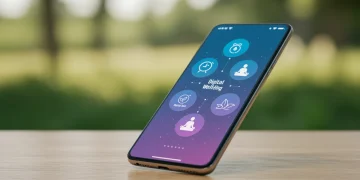 Futuristic smartphone with digital well-being app interface, serene background