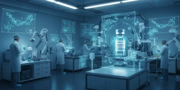 Scientists researching advanced vaccine development in a high-tech lab.