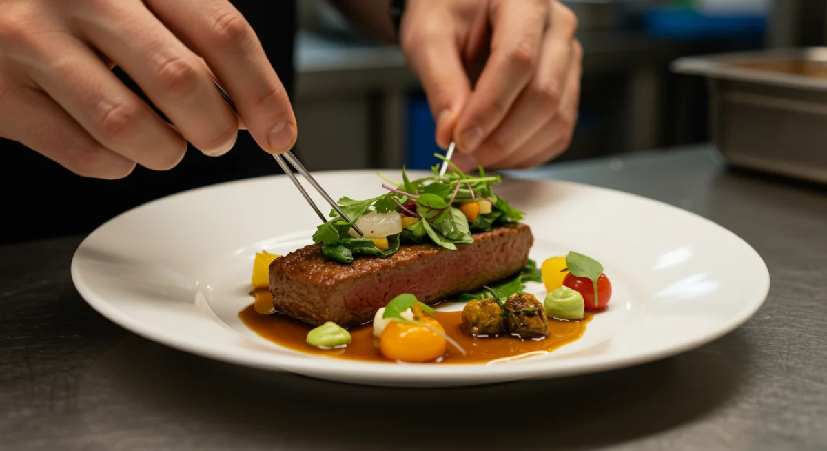 Chef preparing gourmet plant-based meat alternative dish