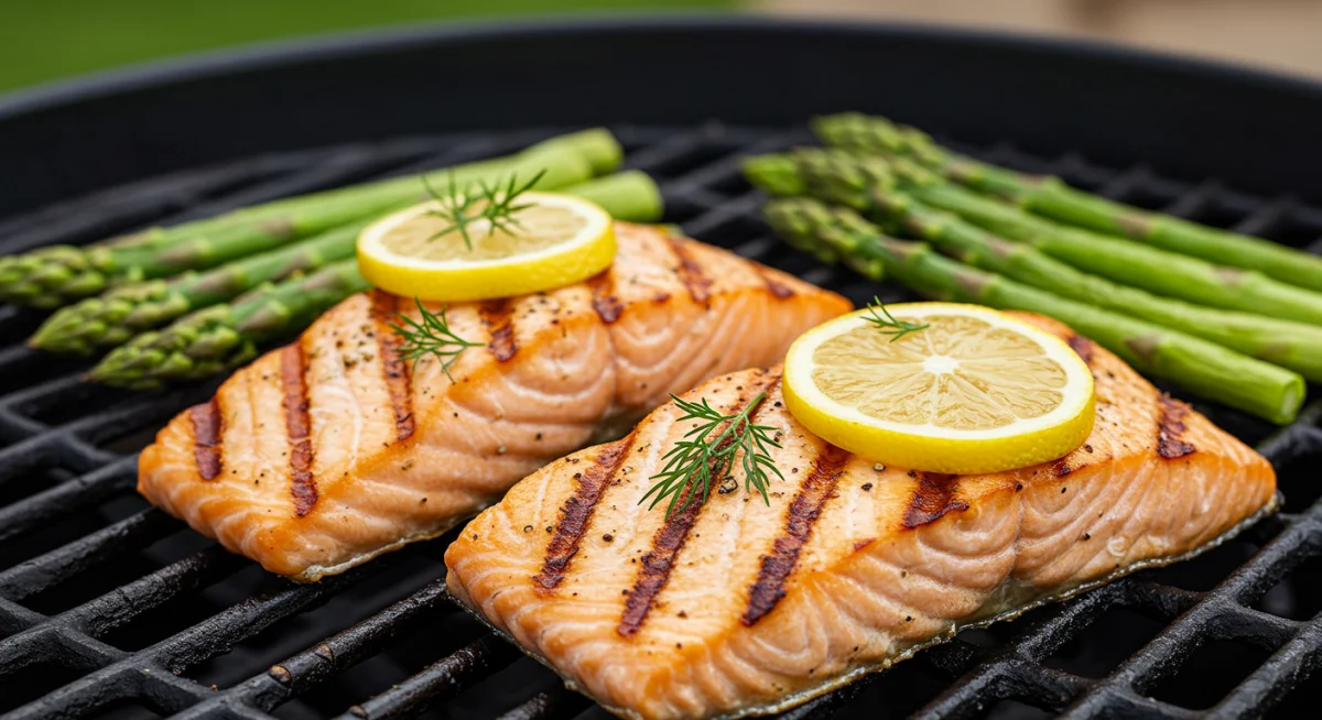 Grilled salmon with lemon and asparagus on a barbecue grate.