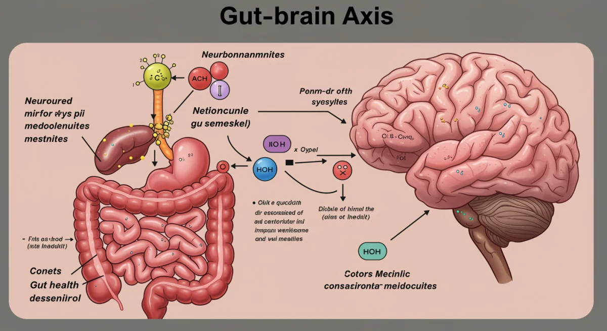 Infographic depicting the gut-brain axis, showing neural connections and chemical signals between the gut and brain.