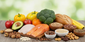 Colorful array of low glycemic index foods for healthy eating