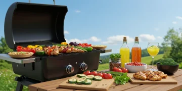 Colorful healthy grilled food on a modern grill at a vibrant summer cookout.