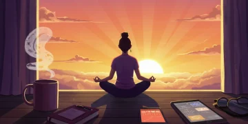 Illustration of a high-performer's calm and productive morning routine, featuring meditation, exercise, and a sunrise.