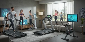 People exercising with smart home fitness devices, including a smart treadmill and an interactive fitness mirror, in a contemporary home gym.