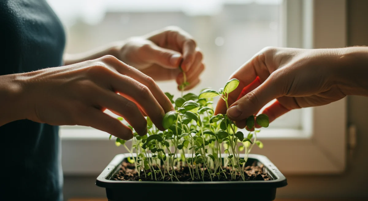 Close-up of hands tending to an indoor herb garden