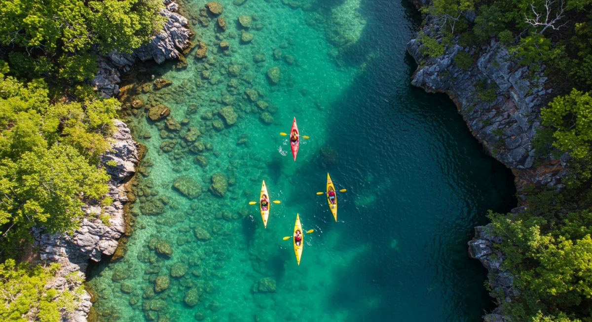 Kayakers in clear water, remote natural setting, eco-adventure