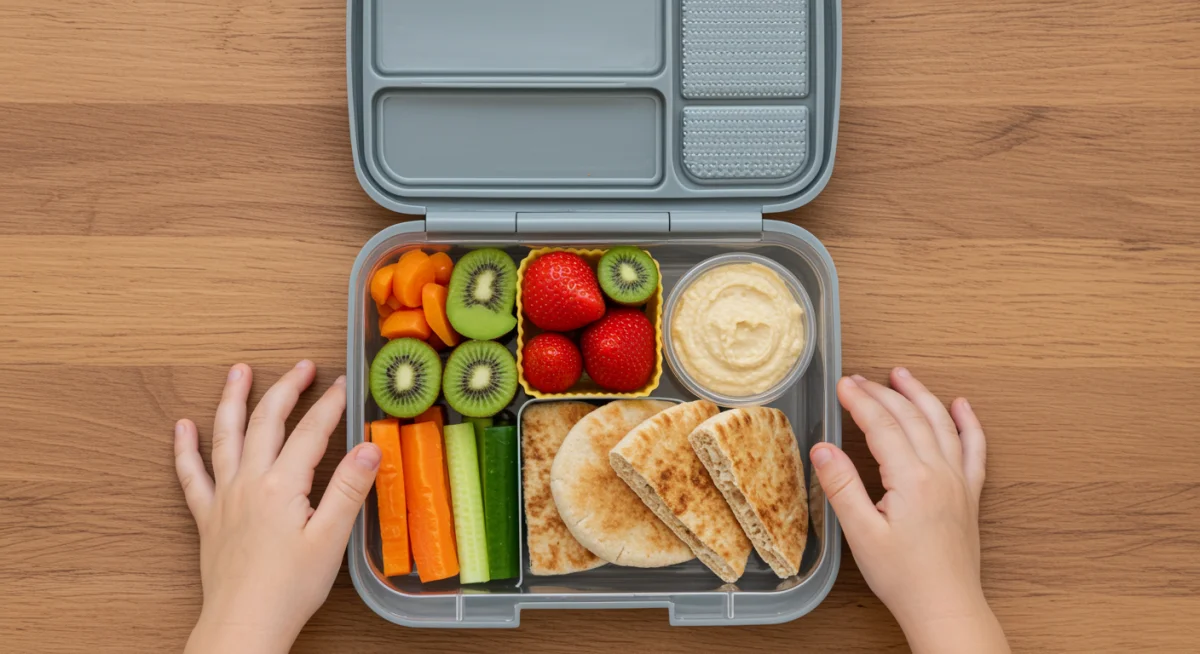Child's hands selecting healthy snacks from an open lunchbox