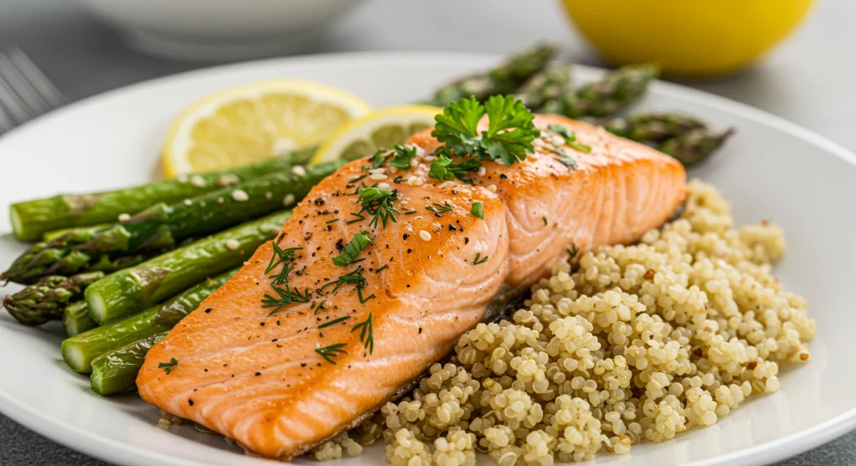 Lemon herb salmon with roasted asparagus and quinoa, a healthy meal