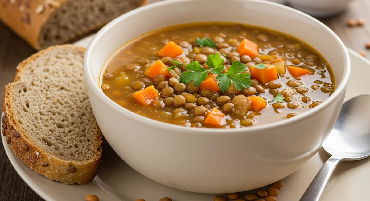 Delicious and nutritious bowl of lentil soup, a perfect cholesterol-lowering meal.