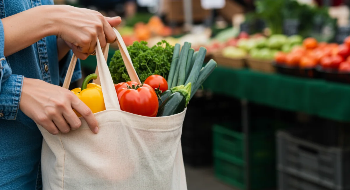Hands holding a reusable bag with fresh, locally sourced produce from a farmer's market, promoting sustainable shopping.