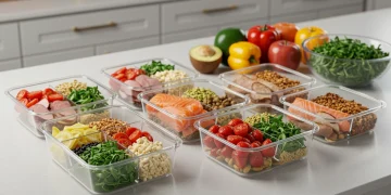 Colorful and organized meal prep containers for a 5-day healthy eating plan 2025