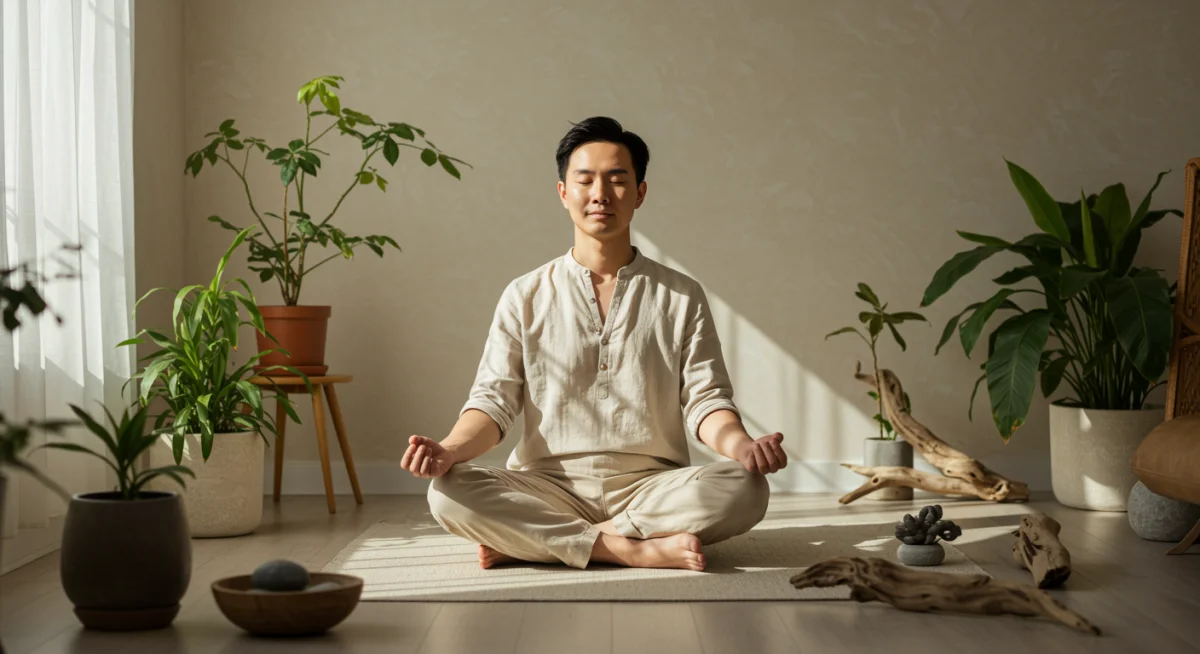 Person meditating in a calm room, practicing mindful digital detox.