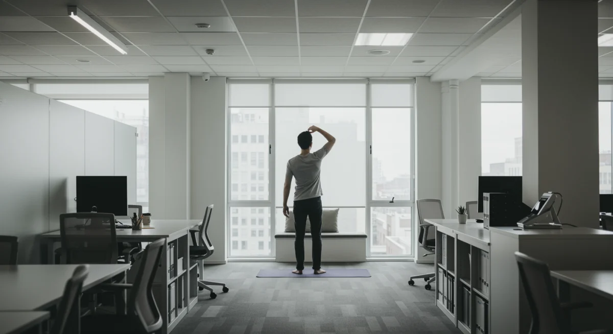 Person taking a mindful break in a modern office, integrating stress management into work routines.