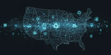 Futuristic visualization of mindful consumption trends in the US, showing data points and eco-symbols.