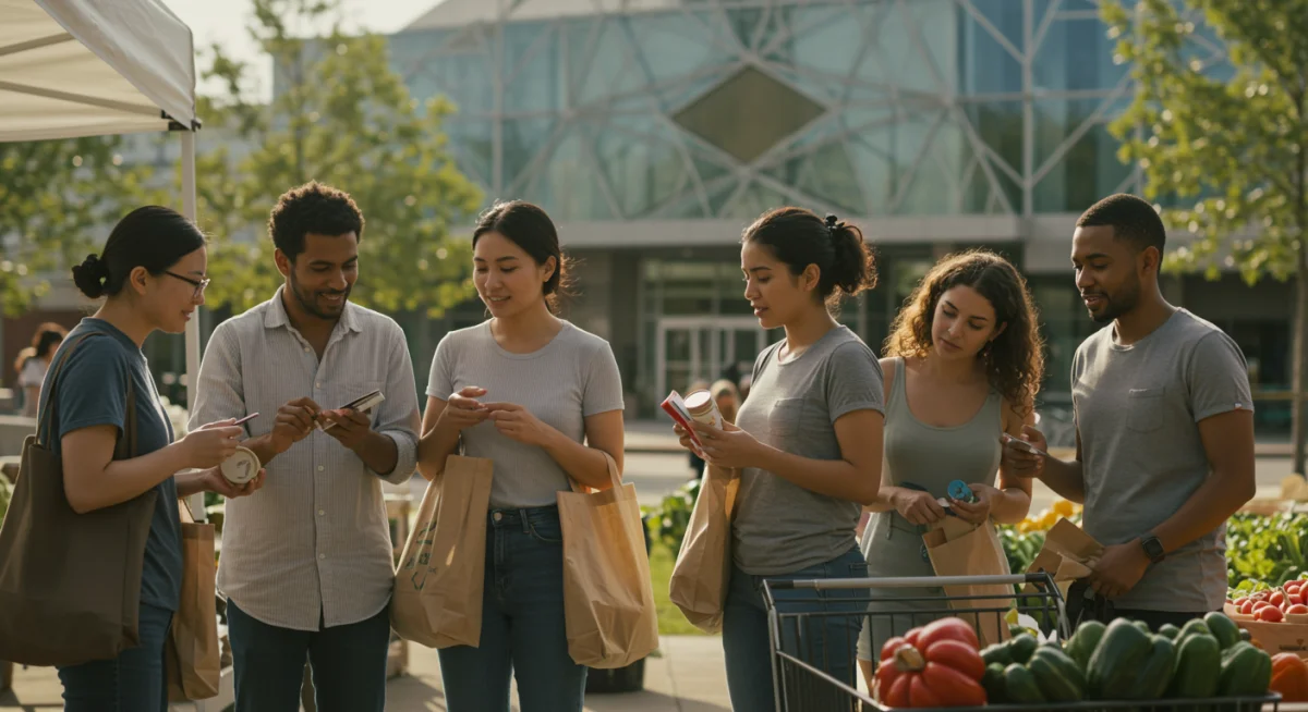 American consumers practicing mindful shopping, checking labels and supporting local businesses.