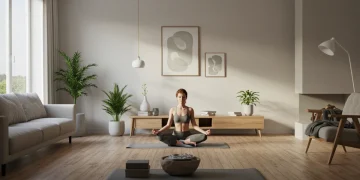 Minimalist Living 2025: Declutter to Cut Stress by 22% Serene minimalist living room with person meditating, representing stress reduction