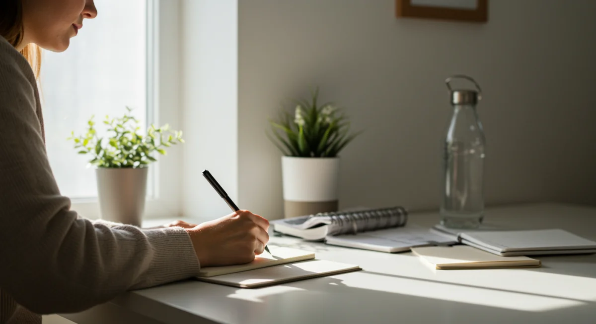 Person journaling and planning their day at an organized desk in the morning light.