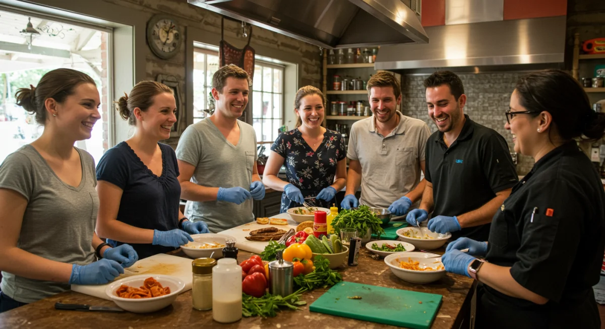Travelers learning to cook traditional Creole dishes in a vibrant New Orleans culinary workshop.