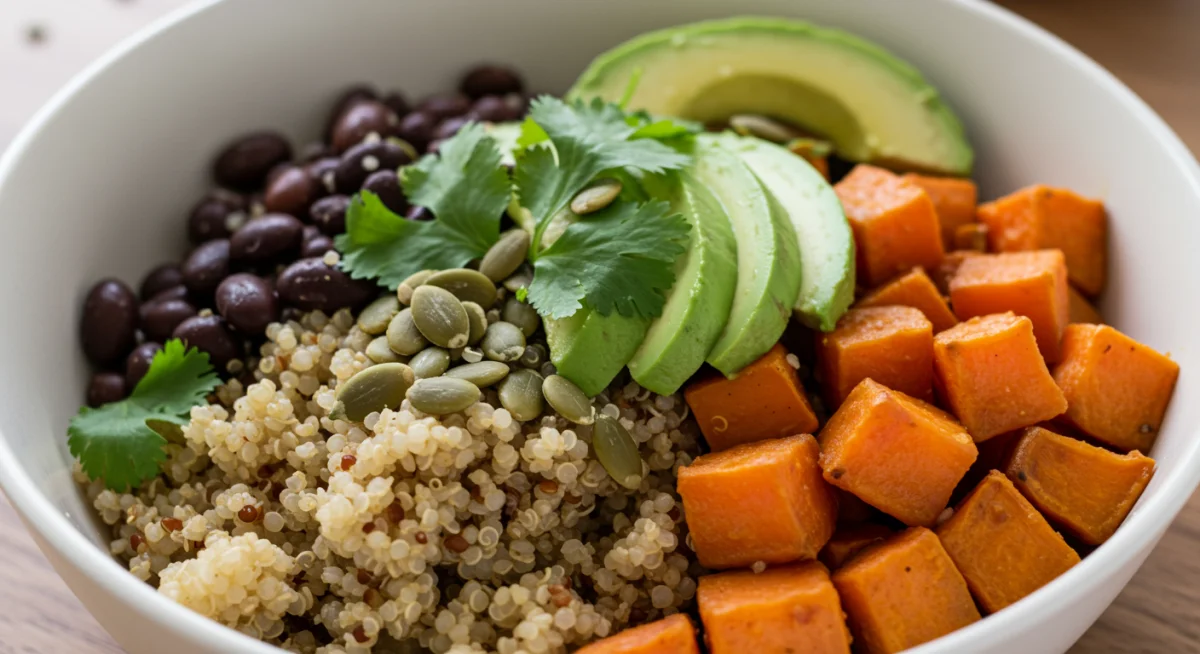 Colorful and nutrient-dense plant-based meal with quinoa and beans