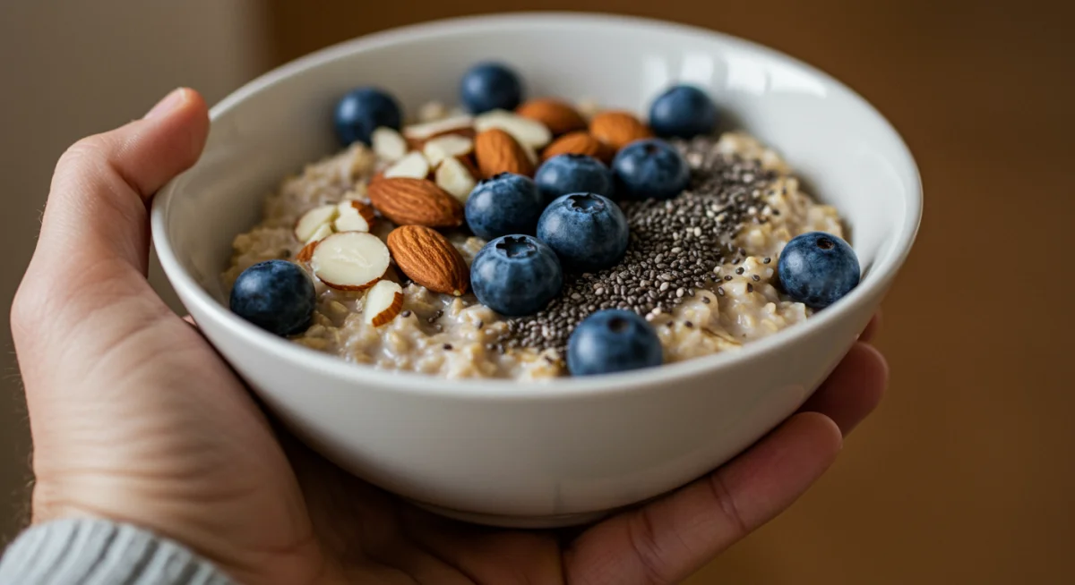 Bowl of oatmeal with berries and seeds for breakfast
