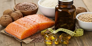Variety of omega-3 rich foods and supplements, emphasizing healthy diet