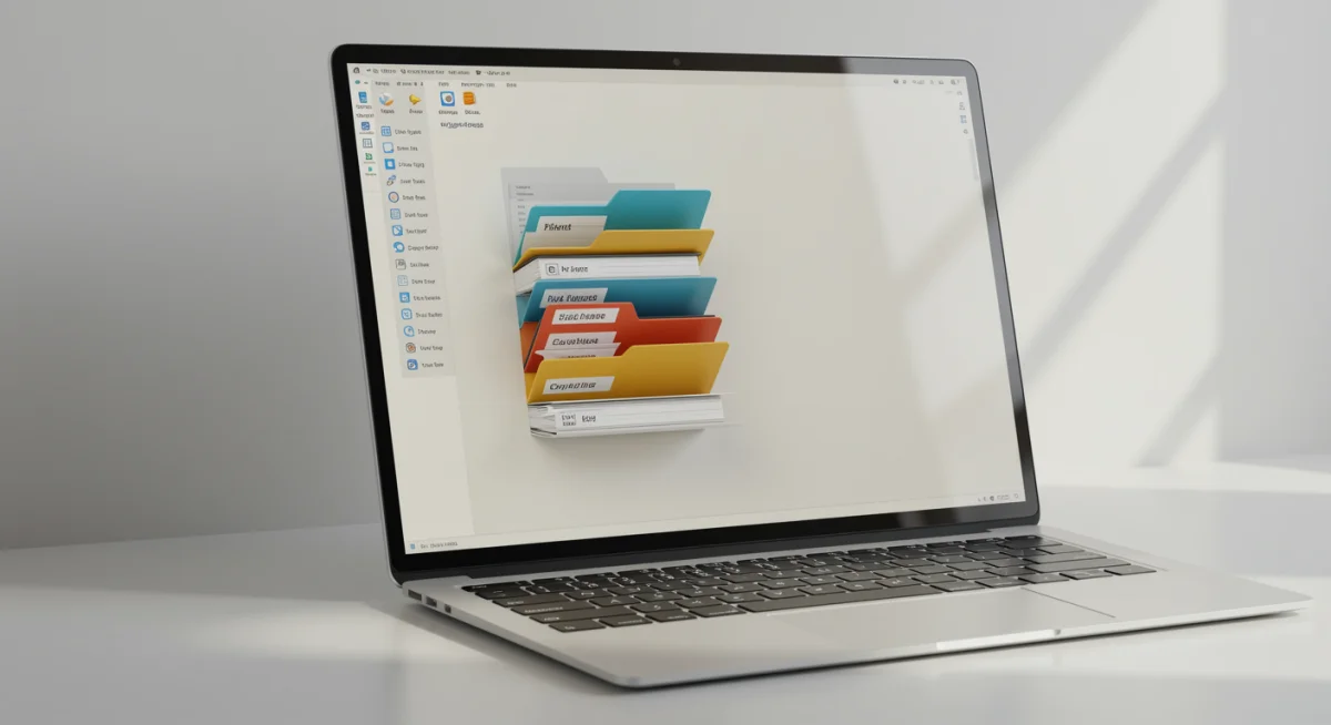 Organized digital desktop with categorized folders, promoting digital decluttering