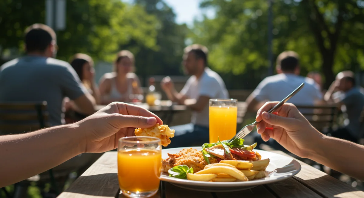 Friends enjoying outdoor meal under natural sunlight for vitamin D