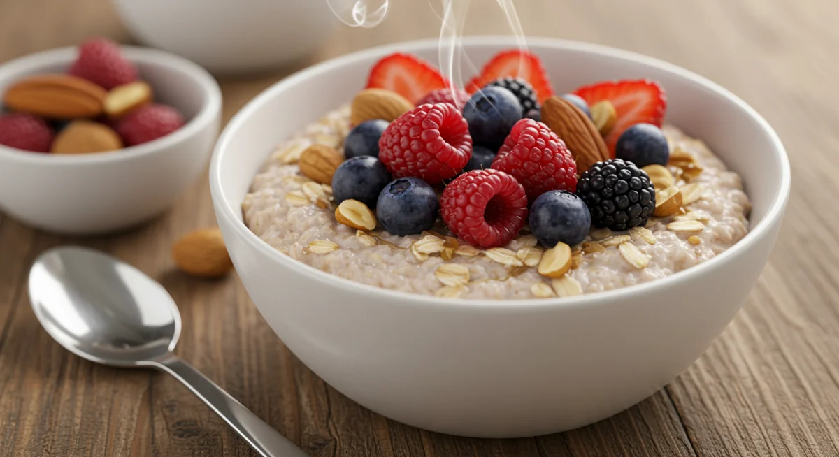 Overnight oats with fresh berries and nuts, a perfect energy boosting breakfast.