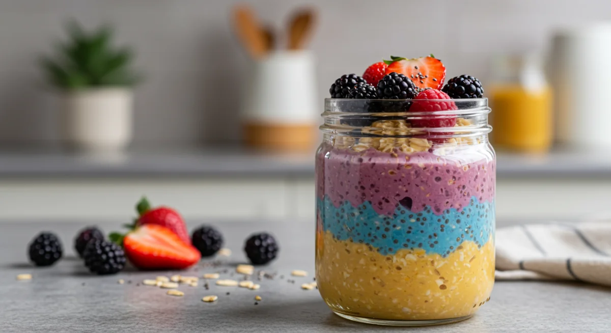 Overnight oats in a jar with berries and seeds, a perfect healthy snack