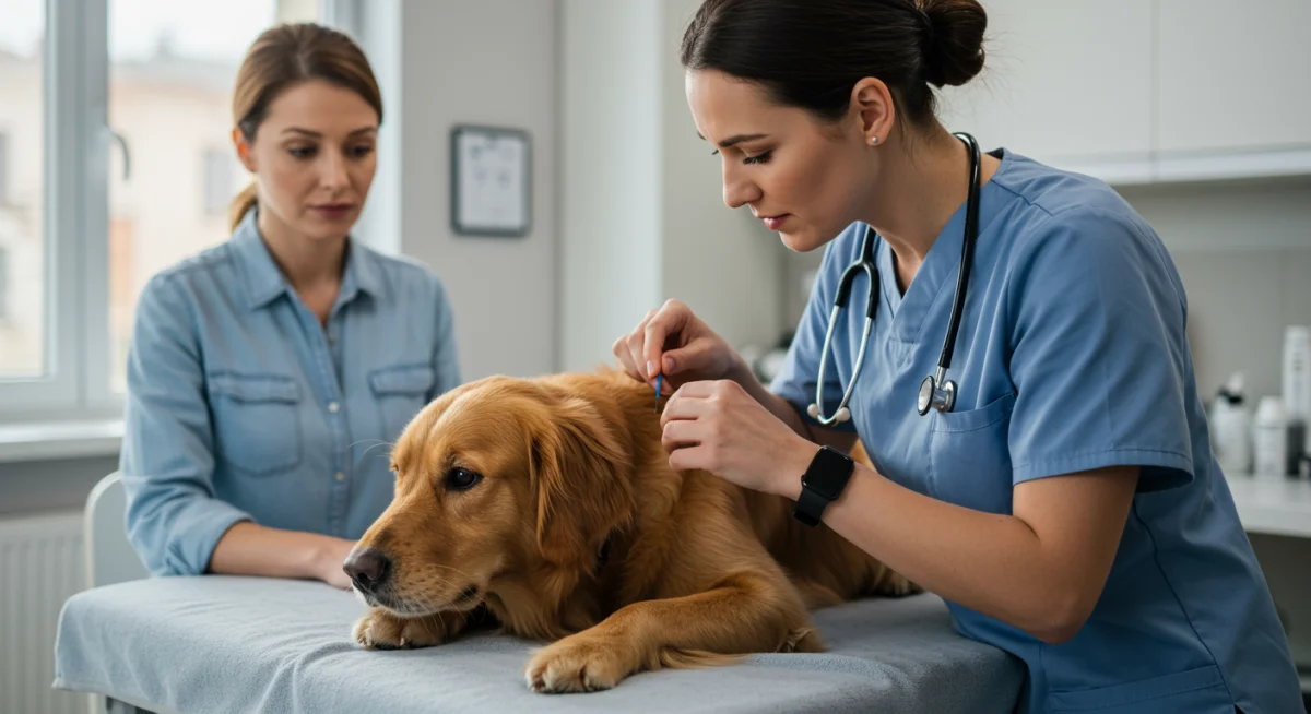 Veterinarian performing acupuncture on a dog