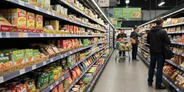Supermarket aisle displaying various plant-based food innovations