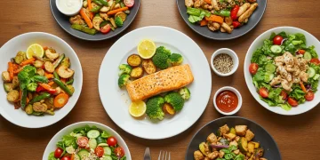 Assortment of quick healthy dinner recipes on a kitchen table