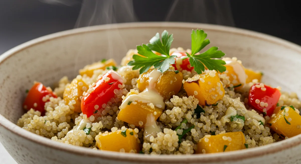 Steaming bowl of quinoa and roasted vegetable detox salad